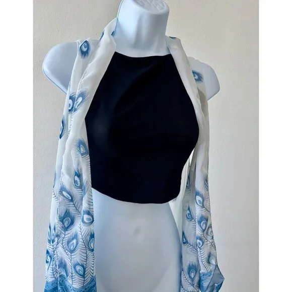 Sheer Cardigan OS Peacock Feather Print Sleeveless Boho Whimsical Beachy Coastal - Picture 9 of 11